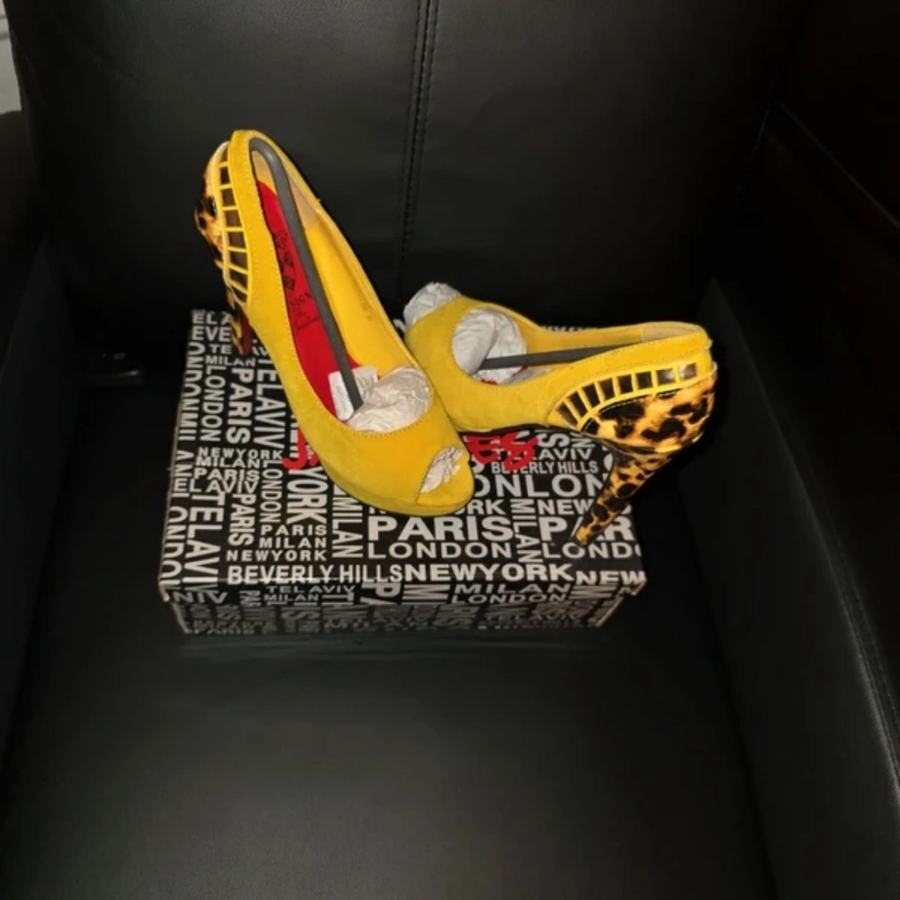 Vibrant Yellow and Leopard Print Peep Toe Heels